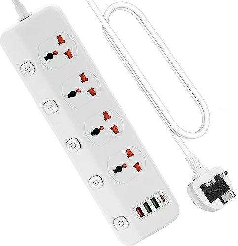 Jasni 3M/9.84FT Extension Lead 4 AC Way With Fast Charger 3 USB+1 Type-C Slots,13Amp UK Plug Power,Protected Extension Cord with Individual Switches,Power Strip for Home Office(White)