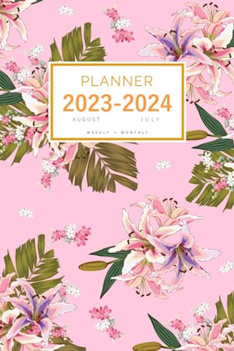 Planner August 2023-2024 July: 6x9 Weekly and Monthly Organizer | Lilly Wildflower Palm Leaf Design