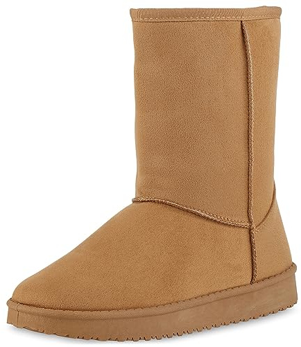 VAN HILL Damen Schlupfstiefel Warm Gefütterte Plateau Stiefel Profilsohle Winter Boots Wildleder-Optik Schuhe Bequeme Winterschuhe 611512 Hellbraun 40