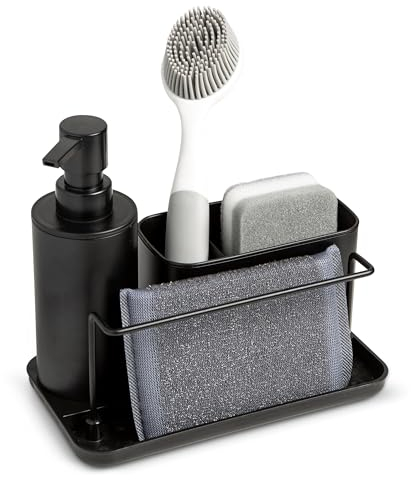 Kook Time Distributeur de Savon de Cuisine en Plastique Noir Mat Organiseur d'évier avec Compartiment pour récurer et brosses et Porte-Chiffon Distributeur de Savon de Cuisine 21 x 12 x 19