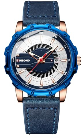 JewelryWe Uhren Herren Echtleder Leuchtzeiger: Klassische Datum Kalender 30m wasserdichte Analog Quarz Armbanduhr Männer Blau Leder Echtleder Armband Geschäfts Lässige Uhr mit Leuchtenden Zeiger