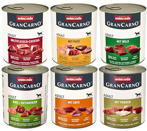 animonda GranCarno Hunde Nassfutter Kräftige Variation II (6 x 800 g), getreidefreies Hundenassfutter ohne Zucker, für ausgewachsene Hunde, mit frischen fleischigen Zutaten