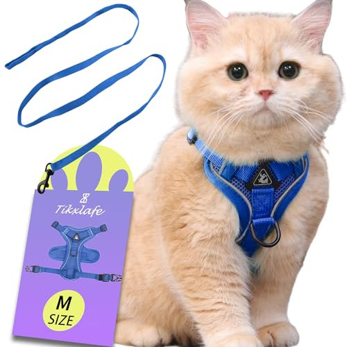 Tikxlafe Katzengeschirr mit Leine, 150 cm, Katzenleine mit Geschirr, Polyester, verstellbares Katzenleinen-Set, ausbruchsicher für Kätzchen (Blau, M)