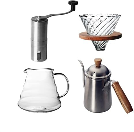 HASMI Bouilloire à café Ensemble de cafetière avec manche en bois en acier inoxydable, broyeur manuel, machine à grains de café en verre, filtre épais, tasse de partage Utilisation à domicile
