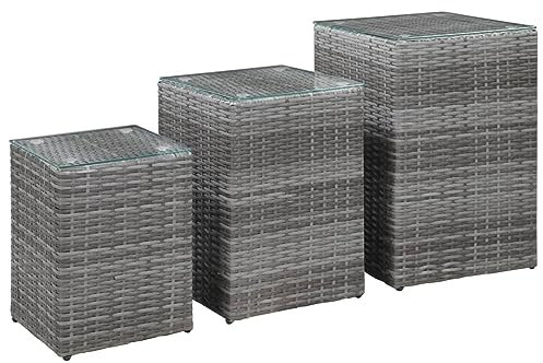 Rantry 3-teilige Seitentische mit grauer Glasplatte aus Polyrattan, Couchtisch, Wohnzimmertisch, Tisch für Büro Schlafzimmer Garten