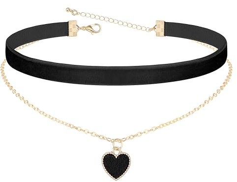 Heveer Samt Halskette Halsband Doppellagige Halskette mit Herz-Anhänger Verstellbare Gothic Choker für Damen Mädchen Schwarz