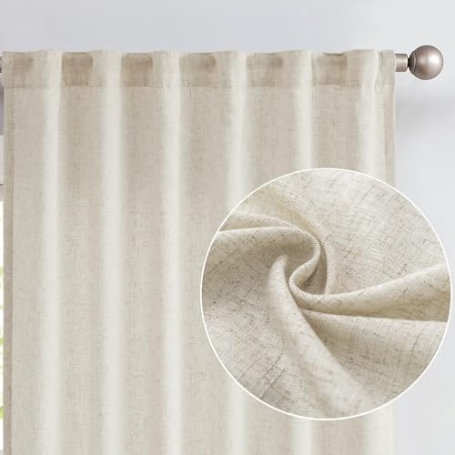 Vangao Gardinen Leinen Vorhänge mit Futter 140Bx245H(cm) Länge für Wohnzimmer Schlafzimmer Landhausstil Bauernhaus Modern Lichtfilterung Fenster Vorhang mit verdeckten Schlaufen 2 Panel Natur
