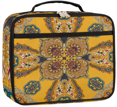 GeMeFv Lonchera térmica con diseño floral étnico vintage, bolsa de almuerzo amarilla, lonchera térmica para viajes, picnic y trabajo