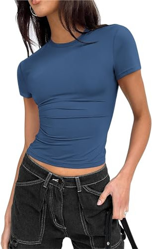 Zeagoo Women's Basic T Shirts Summer Round Neck Informal Tee Tops Slim Fit Solid Crop Top Short Sleeve Y2K All Match Tunic Shirts Navy Blue S