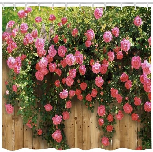 Qucarder Garden Scene Shower Curtain 3D Flowers Pink Floral Wood Fence View Bath Curtain Waterproof Shower Curtains for Bathroom Decor with Hooks 72x72 Inch