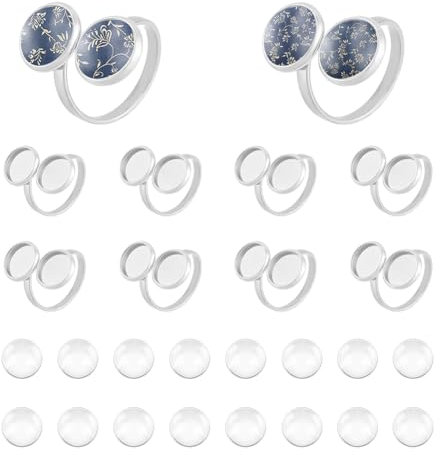 UNICRAFTALE 16 Stück Fingerring Rohling 17mm Verstellbar Offener Manschettenring Beschläge Glas Cabochon Basis Edelstahl Flache Runde Pad Ring Basis Lünettenschale 10mm Zur Schmuckherstellung