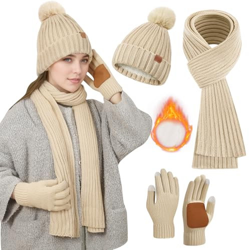 Beige Mütze,Schal & Handschuh-Sets für Damen,Schal und Mütze Damen Set Winter Mütze Schal Handschuhe Set Damen Mütze mit Schal Damen,Bommel Mütze Schal Touchscreen Handschuhe Winterset Damen Geschenke