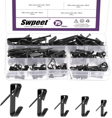 Swpeet 75 ganchos negros de 5 tamaños de 10 libras/20 libras/30 libras/50 libras/100 libras con kit surtido de clavos, ganchos de metal para colgar cuadros, ganchos de marco resistentes, accesorios