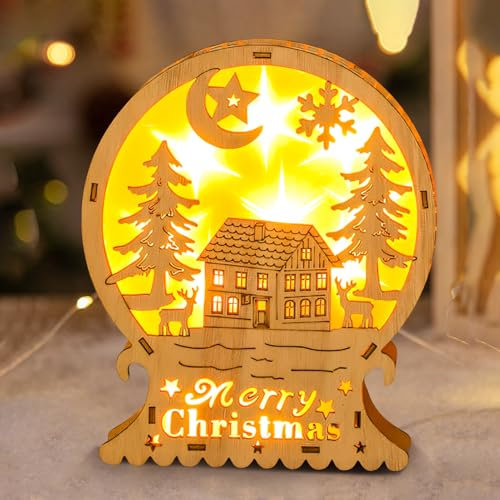 ACAREY Weihnachtsdeko Holz Beleuchtung, Weihnachtsdeko Innen LED Weihnachten Deko Weihnachtsstern Beleuchtung, LED Holzsterne Schneeflocken Elch Weihnachtsbeleuchtung für Tischdeko Innen (B)