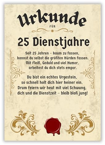 Palanemo Urkunde Dienstjubiläum 25 Jahre Firmenjubiläum Geschenk Karte 25 jähriges Arbeitsjubiläum
