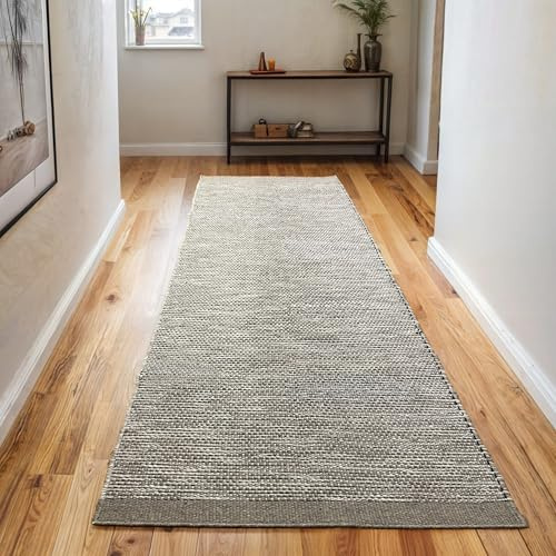 MY-RUG handgewebter Teppich Läufer 80x200 cm aus Wolle | weicher Woll-Teppich Wohnzimmer | handgemachter Teppich-Läufer Flur | flach gewebter Küchenläufer | Wendeteppich Naturfaser | beige Creme grau