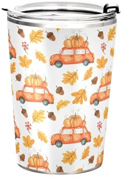 Sevdomey Cars with Pumpkins Gobelet isotherme de 325 ml en acier inoxydable avec couvercle et paille, réutilisable pour chaud/froid, sans BPA