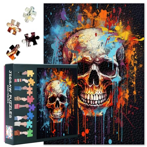 Schädel 1000 Stück Jigsaw Puzzle für Erwachsene Vintage Halloween Jigsaw Puzzles Tag der Toten Schädel Freizeit und Unterhaltung Puzzle für Erwachsene Teenager Bildungsspielzeug Größe: 70x50cm