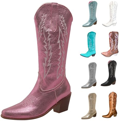 MJGkhiy Stivali Donna Texani Alti Western Stivaletti Con Tacco a Blocco Camoscio Stivale A Punta Invernali Pelle Boots Marroni Cowboy Stivali Camperos Stivaletto Comodi