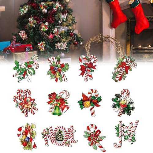 12Pcs Weihnachtskugeln Holz mit Zuckerstangen Set, Weihnachtsdeko Innen Bruchsicher und Wasserdicht Christbaumkugeln Christmas Decorations, Weihnachtsbaum Deko & Christbaumschmuck Draußen,C