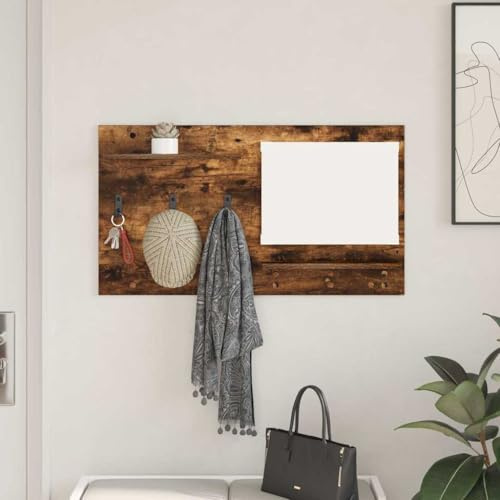 Owoxanthellate Wandregal aus Räuchereiche 90 x 10 x 50 cm mit Spiegel und Haken Modernes Schweberegal für Flur Wohnzimmer und Büro
