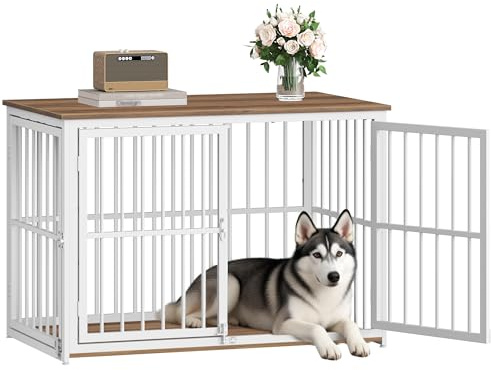 Fobyfurny Hundekäfig Möbel, Hundebox, 100x60x70cm Vintagebraun und Weiß | Hundebox für Zuhause mit 3 Türen, Beistelltisch, Hundekäfig Hochbelastbar, für Kleine und Mittelgroße Hunde FPDC012FWR1