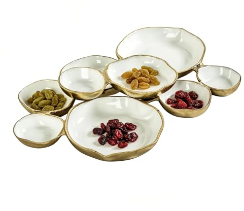 9 Grid Cluster Serving Tray | Decorative Cluster Serving Bowls | White/Gold Charcuterie Snack Tray Multi Bowl Servings Platter Dish | Clusters Servings Bowls Connected for Entertaining