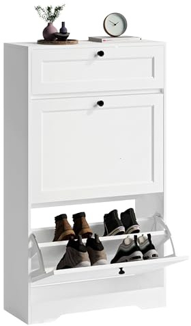 Xbro Schuhschrank mit Schublade und 2 Klappen, Schuhkipper Schmal, Schuhregal für 10–12 Paar Schuhe, mit verstellbaren Trennwänden, für Flur und Eingangsbereich, 60 x 24 x 102 cm, Weiß