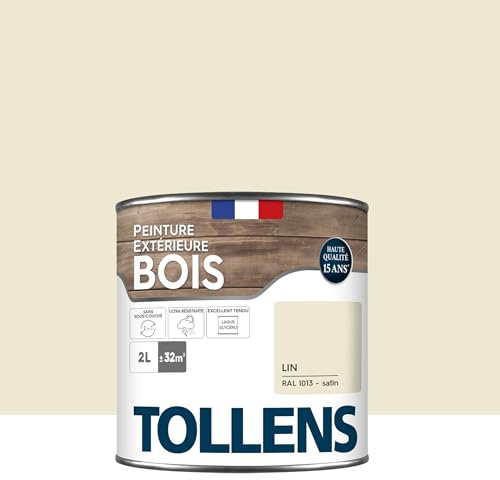Tollens - Peinture extérieure bois 2 en 1 - Ultra Résistante - Finition Satin - Laque Riche en Résine - Pour Toute Boiserie Extérieure - Sans Sous-Couche - Satin - Lin RAL 1013-2L = 32m2