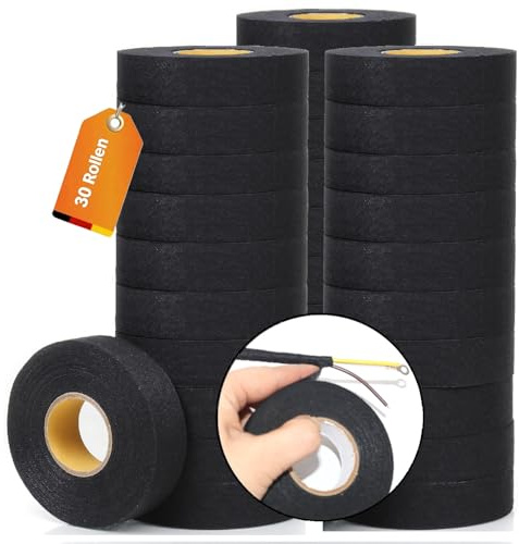 ILANNALI Gewebeband Schwarz 30 Stück(19mm x 15m, Kabelbaum Klebeband, Isolierband Schwarz Klebeband Textilklebeband Selbstklebendes für Kabelbäume, Haushalt Kfz Motorrad (30)