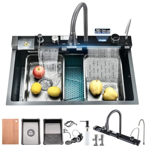 iAnomla Fregadero Cocina Multifuncional 1 Seno Negro 80x45 cm | Fregadero Cascada en Acero Inoxidable 304, Grifo Extraíble y Grifo Filtrante, Tabla de Cortar y Accesorios Completos