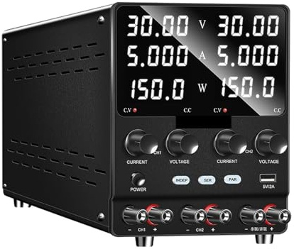 Fuente de Alimentación de Banco Dual, Fuente DC Ajustable 30V 10A con Pantalla 4 Dígitos y Mandos Codificadores, Fuente Variable para Reparación Electrónica y Proyectos DIY