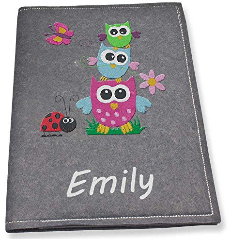 U-Heft Hülle bestickt mit Name Eulenstapel hellgrau dunkelgrau türkis blaugrau maigrün pink Untersuchungshefthülle (blaugrau)