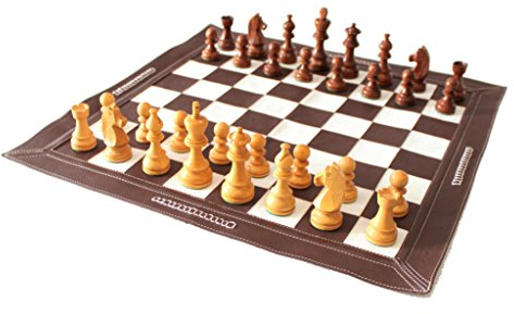 StonKraft 19 x 19 Schachspiel zum Aufrollen aus echtem Leder - Mit Holzschachfiguren - Dunkelbraune Farbe