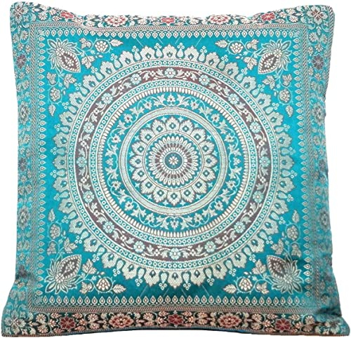 Handgefertigt Türkis-Grün Dekokissen aus Indische Banarasi Seide - 40 cm x 40 cm | 16 x 16 Zoll. ***Handgewebt und handgenäht von Kunsthandwerkern aus Kaschmir-Indien***Unsere Markenspezialität***