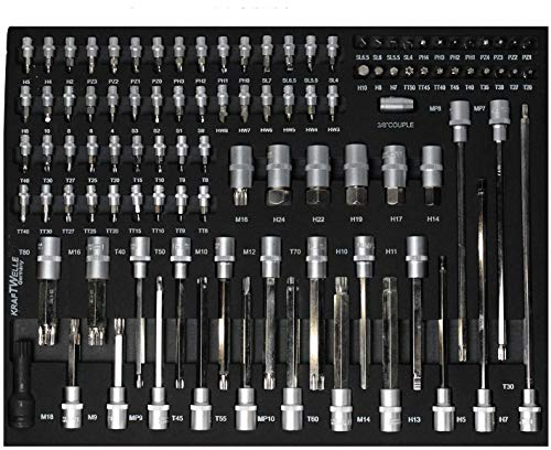 Bit Torx Set Einlage Steckschlüssel Satz für Werkzeugwagen – universelle Schaumstoff Einlage für Werkstattwagen inklusive Werkzeuge übersichtliche Aufbewahrung auf Carbon Oberfläche