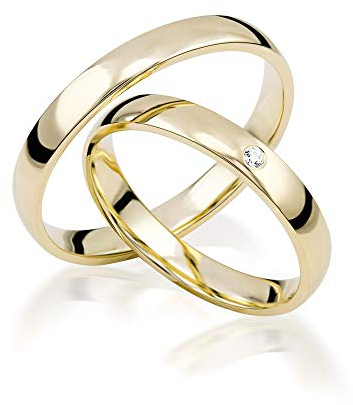 JC Trauringe Gold 375 Paarpreis Poliert I Traumhafte Eheringe 3 mm breit I Einzigartige Partnerringe Gelbgold mit Gravur in edler Schatulle I 2 Hochzeitsringe Herrenring & Damenring mit Stein I J180