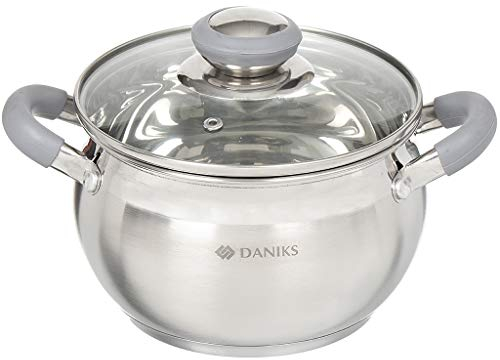 Daniks Modern Faitout Inox 16 cm 2 L, Casserole avec Couvercle en Verre, Tous Feux y Compris Induction, Poignées en Silicone, Échelle de Mesure, Argent