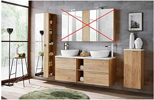 Badmöbel Set Capri-B Eiche Gold 140 cm mit 2 Waschbecken LED Soft - Close (Waschtisch Hochschrank Unterschrank)