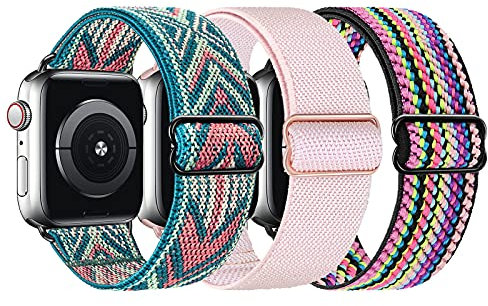 Stretchy Nylon Straps Compatible with Apple Watch Strap 38mm 40mm 41mm 42mm 44mm 45mm 46mm 49mm, Braided Sport Solo Loop Replacement Band for iWatch Series Ultra 10 9 8 7 6 SE 5 4 3 2 1, 3 Packs