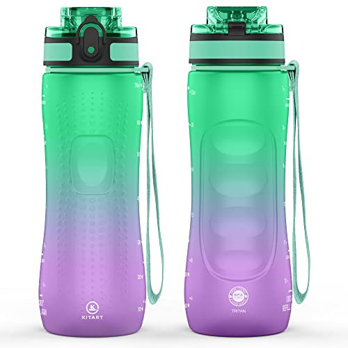 KITART Gourde de sport avec marqueurs de temps, sans BPA, Tritan 750 ml, anti-fuite, design ergonomique, pour fitness, université, yoga, extérieur, enfants, acide carbonique (vert-violet)