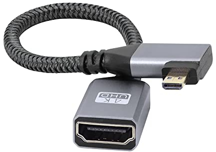 RIIEYOCA Câble Adaptateur Micro HDMI vers HDMI 4K, Angle Droit Micro HDMI mâle vers HDMI Femelle en Aluminium Court Cordon tressé en Nylon pour Ordinateur Portable, projecteur, TV, Moniteur (20 cm)
