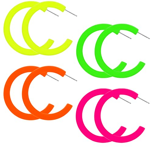 Yolev 4 Paar Neon Ohrringe Acryl 80er Statement Ohrringe Damen Vintage Bunte Creolen Candy Leichte Weihnachten Halloween Ohrringe Bbunt Creolen 80er Party Wear Accessoires