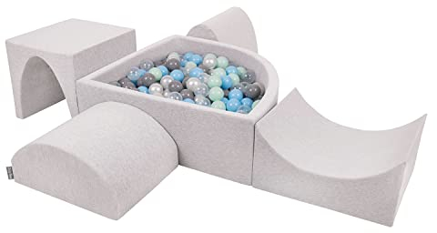 KiddyMoon Spielplatz Aus Schaumstoff Mit Viertel Eckig Bällebad (300 Bälle) Hindernisläufe, Hellgrau:Perle/Grau/Transparent/Babyblue/Minze