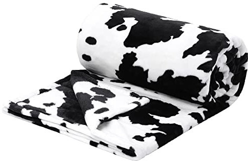 PiccoCasa Kuh-bedruckte Decke, weiche 300 g/m² Fleece-Flanell-Überwurfdecke, leicht, niedlich, bequem, warm, Rindsleder, Decken für Couch, Sofa, Bett, Büro, 150 x 200 cm, Schwarz