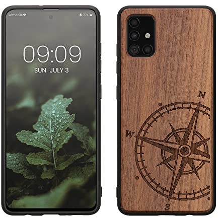 kwmobile Hülle kompatibel mit Samsung Galaxy A51 Hülle - Holz Case - Handy Cover - TPU Handyhülle in Dunkelbraun Kompass Vintage