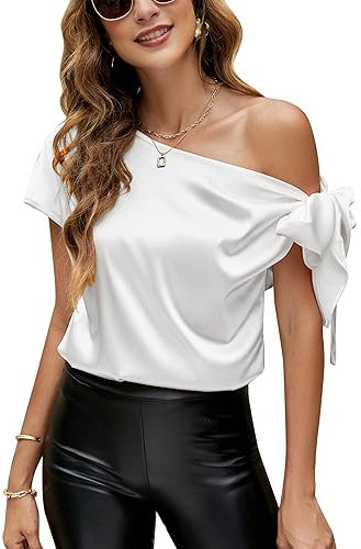 VIDUSSA Womens Off Shoulder Silk Satin Tops Short Sleeve Casual Dressy Tunic Blouse Shirts White M