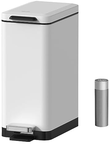 Mbillion Bathroom Step Trash Bin 10 Liter Slim Design Step-On Trash Can with Strong Pedal and Soft Close Lid Stainless Steel, Living Room, Office, White