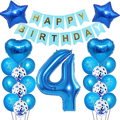 Kindergeburtstag Deko Jungen 4 Jahr ballon, 4. Geburtstag Dekorationen für Junge,Deko 4 Geburtstag ballon, 4 Geburtstag Deko Jungen Happy Birthday Banner Luftballons Blau Konfetti Helium Set …
