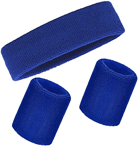 Schweißbänder Handgelenk Schweißbänder Stirnband Set Sport Wristbands Headbands 3 Stück,Sport Schweißband Armband Stirnbänder für Fußball Basketball Tennis Gymnastik (Blau)